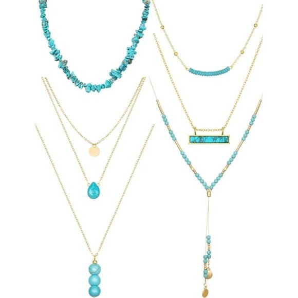 6 Pcs Boho Necklaces for Women Gold and Turquoise Necklace Suede Choker Western - Picture 1 of 6